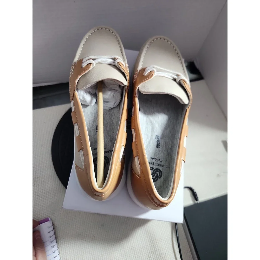 Clarks Beige and Tan Slip-On Platform Loafers with White Sole